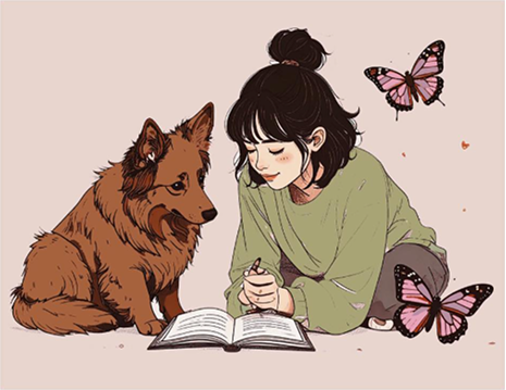 Illustration d'un chien et d'une dame autour d'un livre